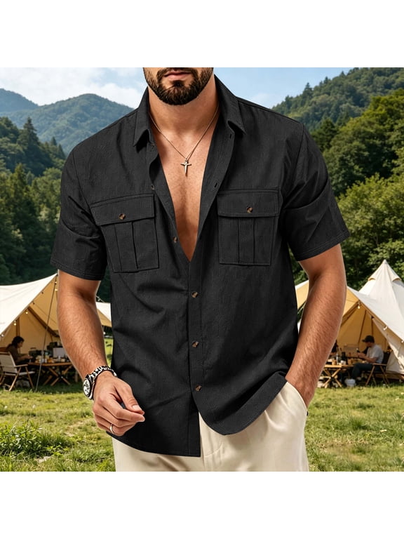 Men's UPF 50+ Fishing Shirts, Short Sleeve Sun Protection Cool Dry Button Down Outdoor Shirt, 3XL