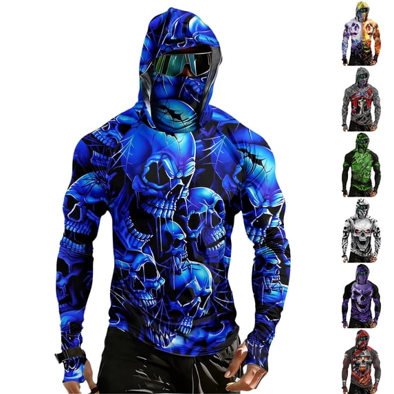 Men's UPF 50+ Fishing Shirts with Mask 3d Skull UV Sun Protection Shirts UPF Rash Guard Long Sleeve Hoodie