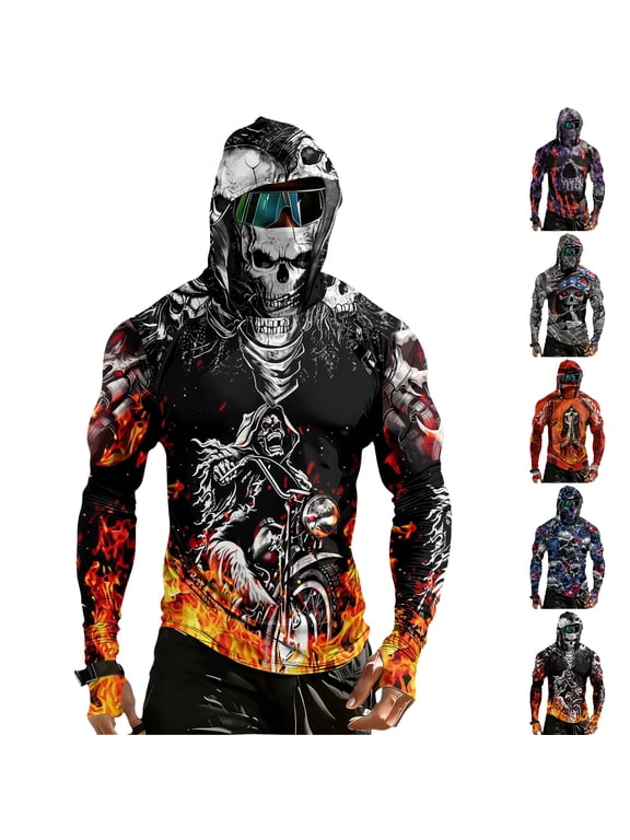 Men's UPF 50+ Fishing Shirts with Mask Long Sleeve 3d Skull Shirt Lightweight Rash Guard