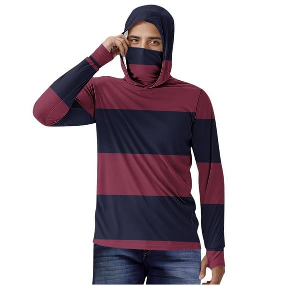 Men's UPF 50+ Fishing Sun Hoodie – Long Sleeve Striped Pullover with Detachable Face Mask, Quick-Dry Ice Silk Fabric for Outdoor Protection