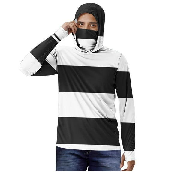 Men's UPF 50+ Fishing Sun Hoodie – Long Sleeve Striped Pullover with Detachable Face Mask, Quick-Dry Ice Silk Fabric for Outdoor Protection