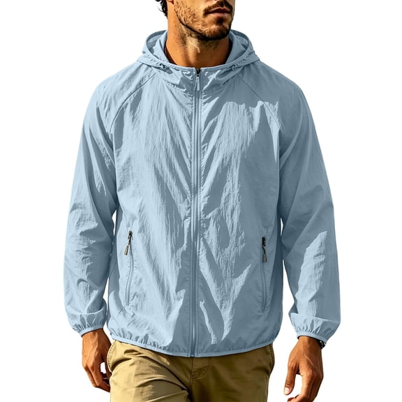 Men's UPF 50+ Hooded Jacket Sun Protection Hiking Jackets Lightweight Breathable Running Cycling Coats with Zip Pocket