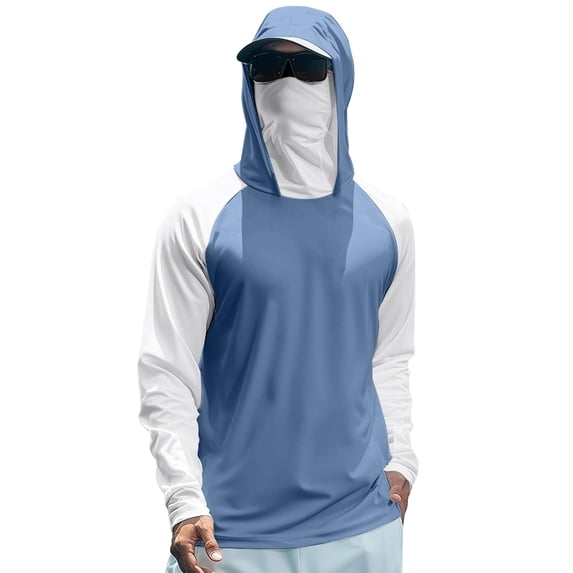 Men's UPF 50+ Hooded Sun Shirt, Lightweight Long Sleeve Fishing Shirt with Hood, Quick-Dry Rash Guard Sun Protective Shirt for Hiking, Beach, and Outdoor Activities Blue XXXXXL