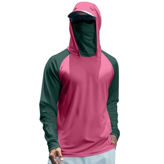 Men's UPF 50+ Hooded Sun Shirt, Lightweight Long Sleeve Fishing Shirt with Hood, Quick-Dry Rash Guard Sun Protective Shirt for Hiking, Beach, and Outdoor Activities Hot Pink L