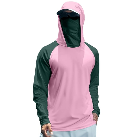 Men's UPF 50+ Hooded Sun Shirt, Lightweight Long Sleeve Fishing Shirt with Hood, Quick-Dry Rash Guard Sun Protective Shirt for Hiking, Beach, and Outdoor Activities Pink L