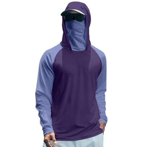 Men's UPF 50+ Hooded Sun Shirt, Lightweight Long Sleeve Fishing Shirt with Hood, Quick-Dry Rash Guard Sun Protective Shirt for Hiking, Beach, and Outdoor Activities Purple L