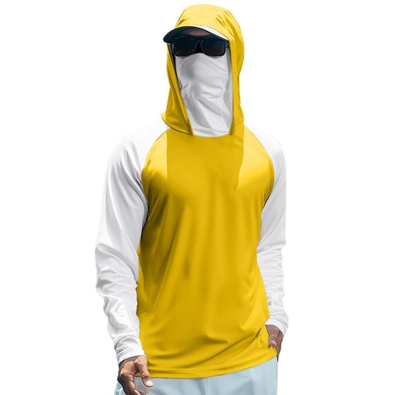 Men's UPF 50+ Hooded Sun Shirt, Lightweight Long Sleeve Fishing Shirt with Hood, Quick-Dry Rash Guard Sun Protective Shirt for Hiking, Beach, and Outdoor Activities Yellow XL