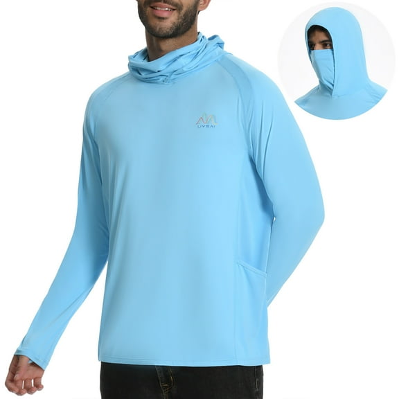 Men’s UPF 50 Hoodie Shirt with Mask Long Sleeve Permanent UV Sun Protection Neck Gaiter Performance T for Outdoor