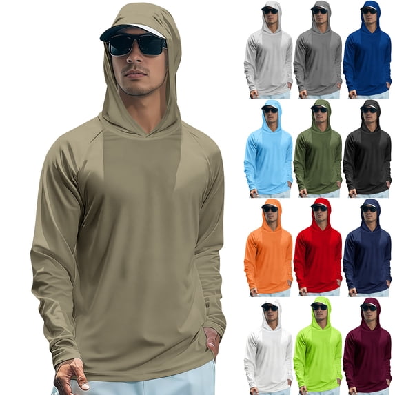 Men's UPF 50+ Long Sleeve Hooded Shirt Quick Dry Performance Fishing Hiking Top Lightweight Sun Protection Pullover Outdoor Athletic T-Shirt Army Green L