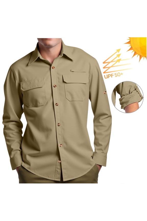 Men's UPF 50 Long Sleeve Sun Shirt Quick Dry Fishing Hiking Shirt with Vented Back Chest Pockets Lightweight Outdoor Sports Shirt for Men