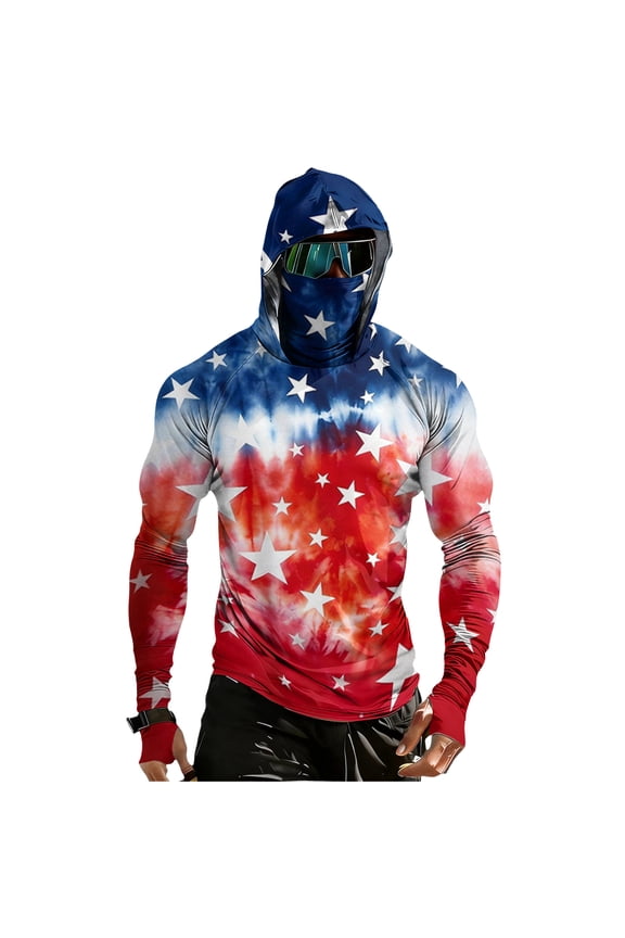 Men's UPF 50+ Patriotic USA Flag Hoodie Shirt, Long Sleeve Compression Rash Guard with Face Mask, UV Sun Protection 4th of July Outdoor Fishing Patriotic Tops