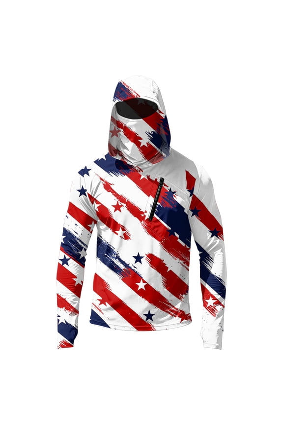 Men's UPF 50+ Quick Dry Hooded Rash Guard USA Flag Long Sleeve UV Sun Protection Thin Cooling Summer Outdoor Working Shirts