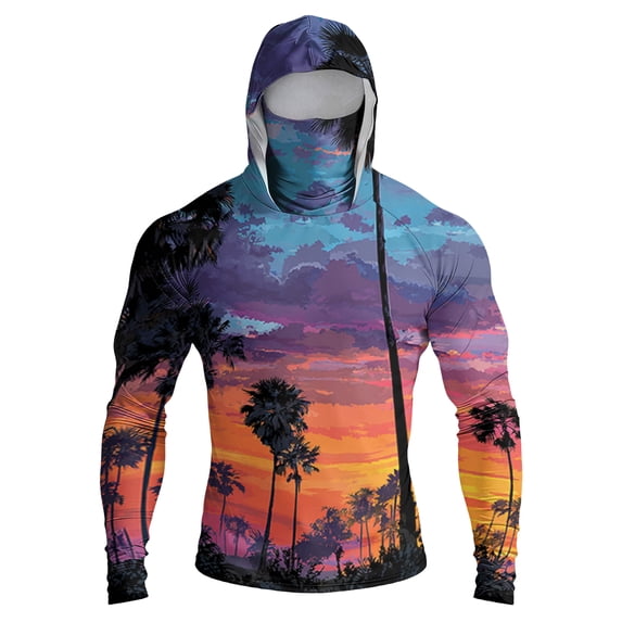 Men's UPF 50+ Sun Hoodie Long Sleeve Hooded Fishing Shirt Palm & Ocean Scenic Pullover Cooling Ice Silk Breathable Quick-Dry Moisture Wicking 4-Way Stretch for Commute Fishing Hiking Purple L