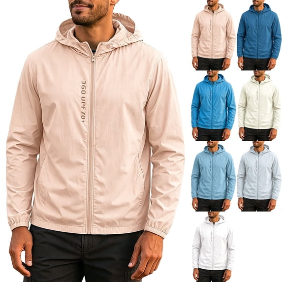Men's UPF 50+ Sun Protection Athletic Shell Jacket Lightweight Quick Dry Hooded Windbreaker with Zip Pockets for Hiking Fishing Travel, Beige, XXXL