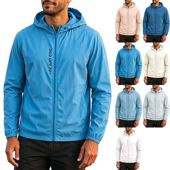 Men's UPF 50+ Sun Protection Athletic Shell Jacket Lightweight Quick Dry Hooded Windbreaker with Zip Pockets for Hiking Fishing Travel, Dark Blue, M