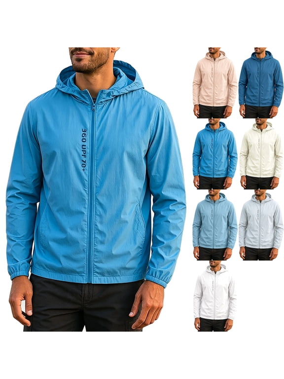 Men's UPF 50+ Sun Protection Athletic Shell Jacket Lightweight Quick Dry Hooded Windbreaker with Zip Pockets for Hiking Fishing Travel, Dark Blue, S