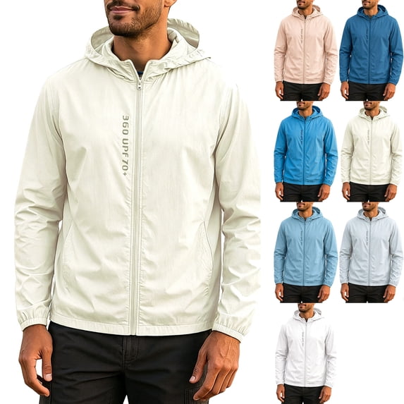 Men's UPF 50+ Sun Protection Athletic Shell Jacket Lightweight Quick Dry Hooded Windbreaker with Zip Pockets for Hiking Fishing Travel, Gray, XS