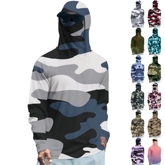 Men's UPF 50+ Sun Protection Camo Hooded Shirt with Integrated Face Cover Long Sleeve Lightweight Rash Guard Shirts Gray XL