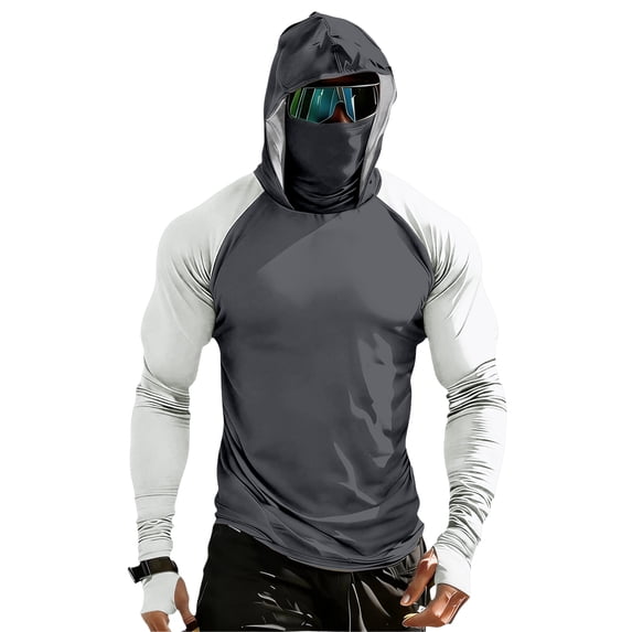 Men's UPF 50+ Sun Protection Compression Hooded Shirt, Slim Fit Long Sleeve Color Block Rash Guard with Integrated Face Mask for Fishing and Hiking