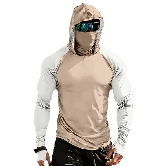 Men's UPF 50+ Sun Protection Compression Hooded Shirt, Slim Fit Long Sleeve Color Block Rash Guard with Integrated Face Mask for Fishing and Hiking