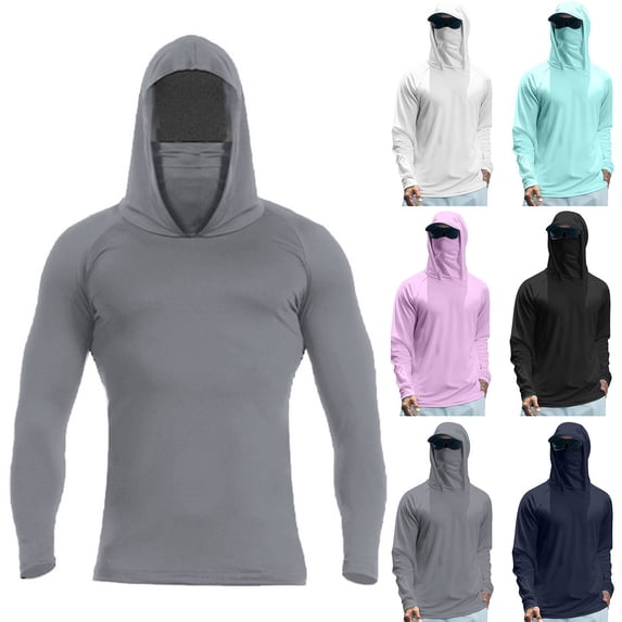 Men's UPF 50+ Sun Protection Hooded Fishing Shirt with Integrated Face Cover Long Sleeve Quick Dry Rash Guard Gray 2XL