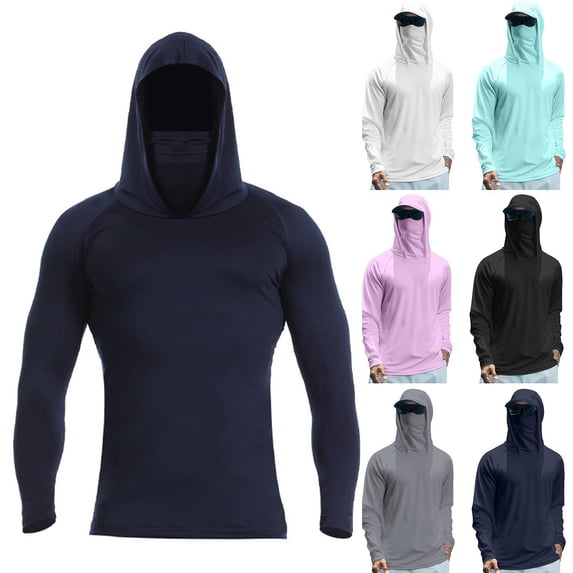 Men's UPF 50+ Sun Protection Hooded Fishing Shirt with Integrated Face Cover Long Sleeve Quick Dry Rash Guard Navy L