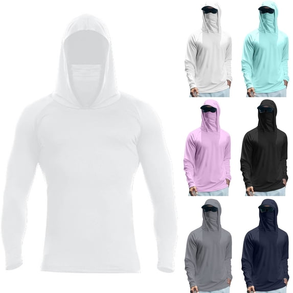 Men's UPF 50+ Sun Protection Hooded Fishing Shirt with Integrated Face Cover Long Sleeve Quick Dry Rash Guard White S