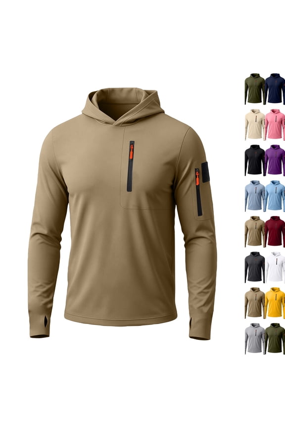 Men's UPF 50+ Sun Protection Hooded Fishing Shirts Quick Dry Long Sleeve Rash Guard Tops with Zip Arm Pockets & Thumb Holes for Hiking Outdoor ,L,Brown