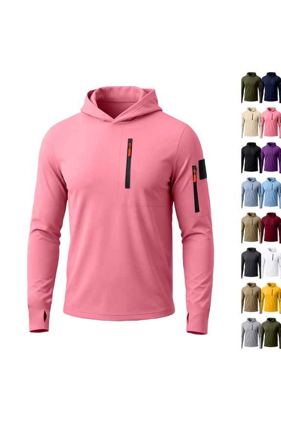 Men's UPF 50+ Sun Protection Hooded Fishing Shirts Quick Dry Long Sleeve Rash Guard Tops with Zip Arm Pockets & Thumb Holes for Hiking Outdoor ,L,Pink