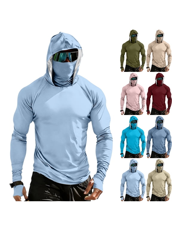 Men's UPF 50+ Sun Protection Hooded Shirt with Integrated Face Cover Long Sleeve Lightweight Rash Guard Shirts (Excluding Glasses) Sky Blue L