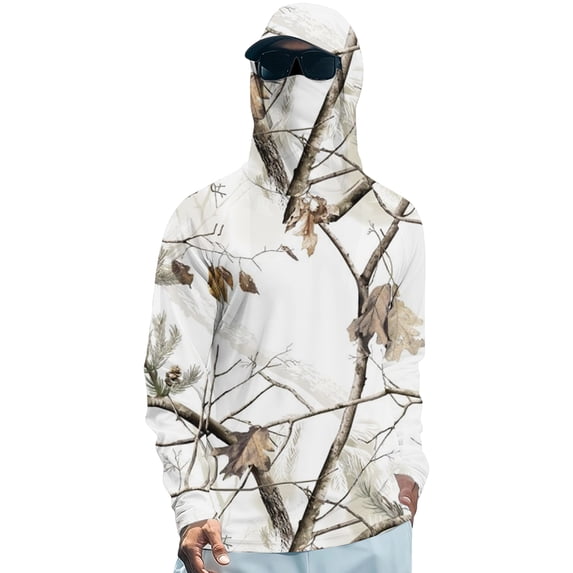 Men's UPF 50+ Sun Protection Hooded Shirt with Integrated Face Cover Long Sleeve Lightweight Rash Guard Shirts L White