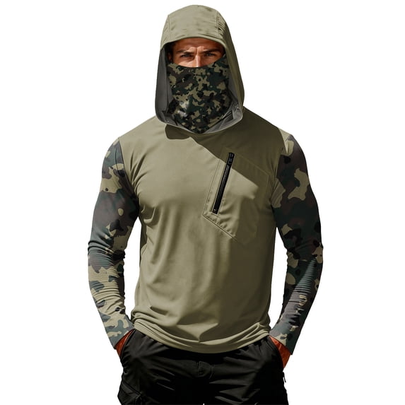 Men's UPF 50+ Sun Protection Hooded Shirt with Integrated Face Cover Long Sleeve Lightweight Rash Guard Shirts, L