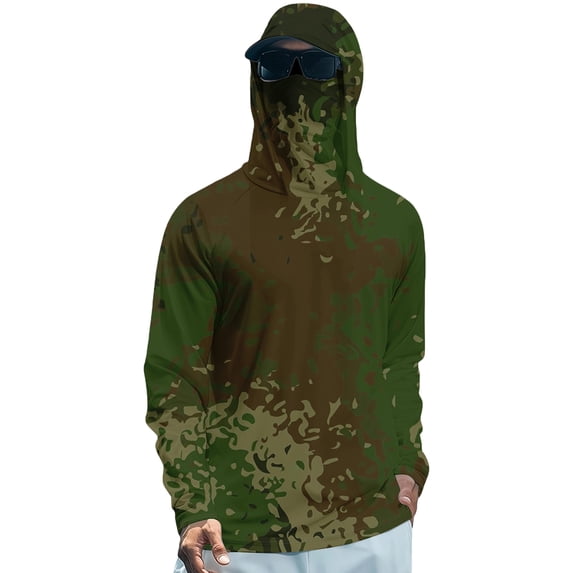 Men's UPF 50+ Sun Protection Hooded Shirt with Integrated Face Cover Long Sleeve Lightweight Rash Guard Shirts M Army Green