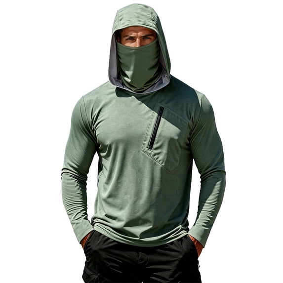 Men's UPF 50+ Sun Protection Hooded Shirt with Integrated Face Cover Long Sleeve Lightweight Rash Guard Shirts, S