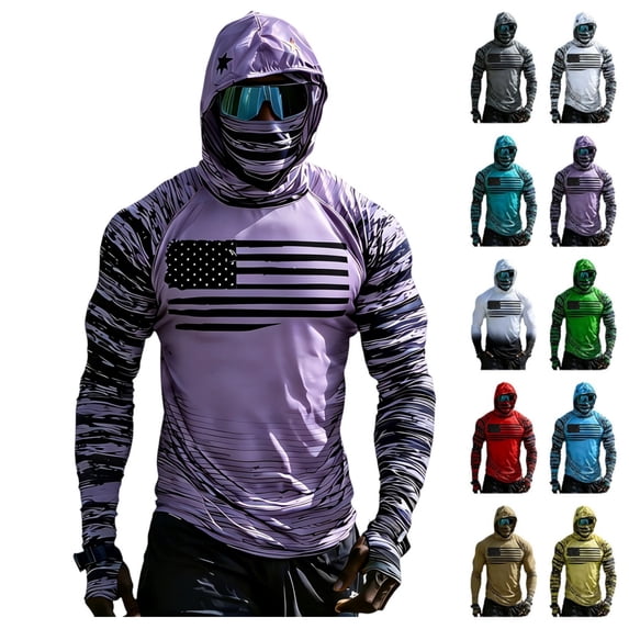 Men's UPF 50+ Sun Protection Hooded Shirt with Integrated Face Cover Long Sleeve Lightweight Rash Guard Shirts