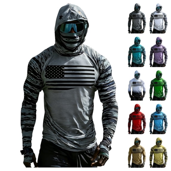 Men's UPF 50+ Sun Protection Hooded Shirt with Integrated Face Cover Long Sleeve Lightweight Rash Guard Shirts
