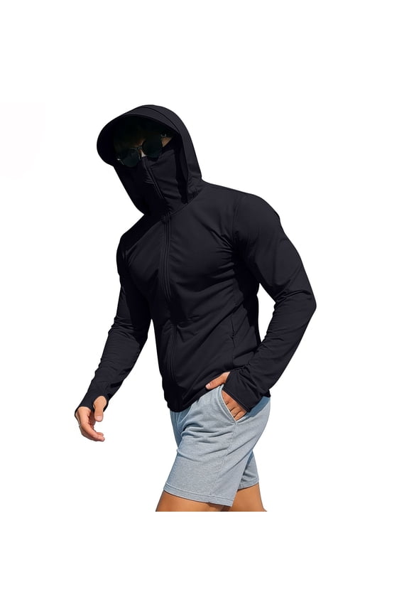 Men's UPF 50+ Sun Protection Hoodie Jacket, Full Zip Long Sleeve Fishing Shirt with Face Cover & Thumb Holes