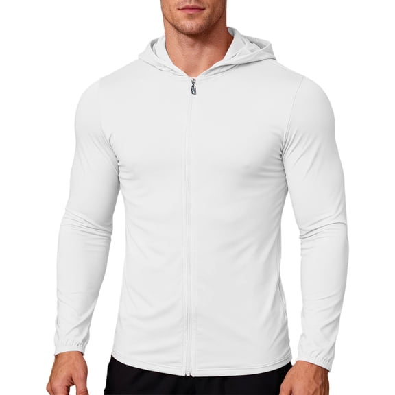 Men's UPF 50+ Sun Protection Hoodie Jacket Long Sleeve Zip UV SPF Breathable Shirts for Hiking Golf White M