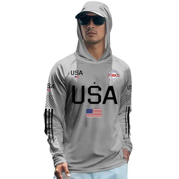 Men's UPF 50+ Sun Protection Hoodie USA American Flag Print Cooling Quick Dry Long Sleeve Outdoor Shirts Light Gray M