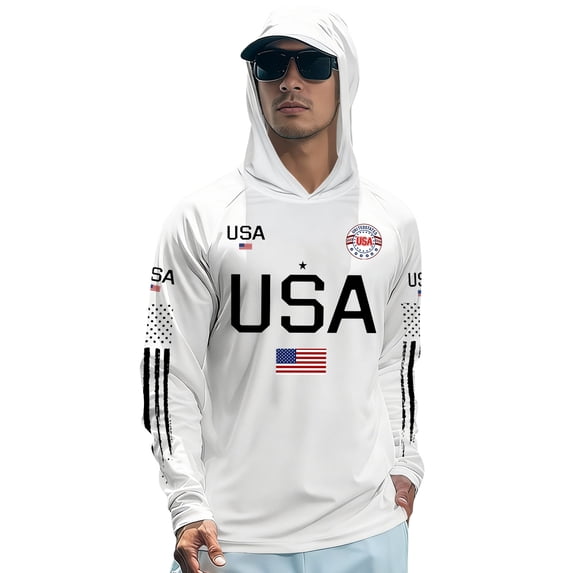 Men's UPF 50+ Sun Protection Hoodie USA American Flag Print Cooling Quick Dry Long Sleeve Outdoor Shirts White L