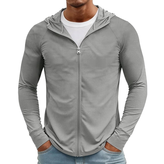 Men's UPF 50+ Sun Protection Hoodies Lightweight Full Zip Long Sleeve Fishing Shirt Quick Dry Workout Rash Guard Tops, M