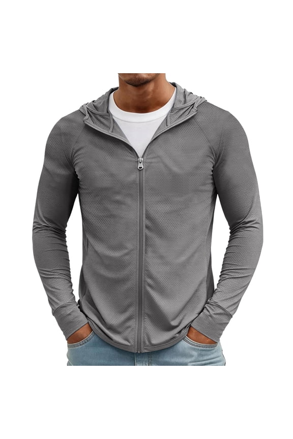 Men's UPF 50+ Sun Protection Hoodies Lightweight Full Zip Long Sleeve Fishing Shirt Quick Dry Workout Rash Guard Tops, M