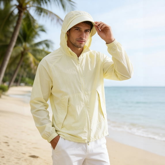 Men's UPF 50+ Sun Protection Jacket, Lightweight Hooded Windbreaker with Zip Pockets, Breathable Outdoor Performance Gear for Fishing, Hiking, Running