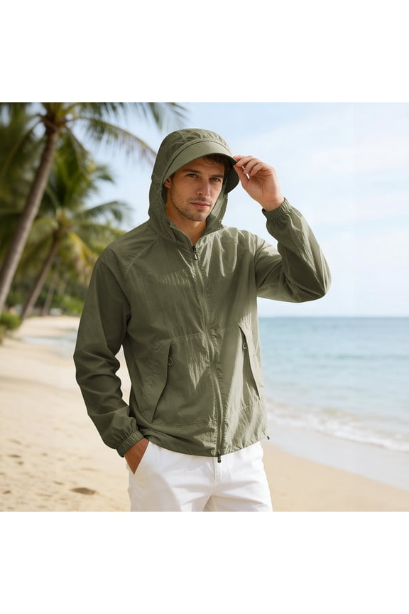 Men's UPF 50+ Sun Protection Jacket, Lightweight Hooded Windbreaker with Zip Pockets, Breathable Outdoor Performance Gear for Fishing, Hiking, Running