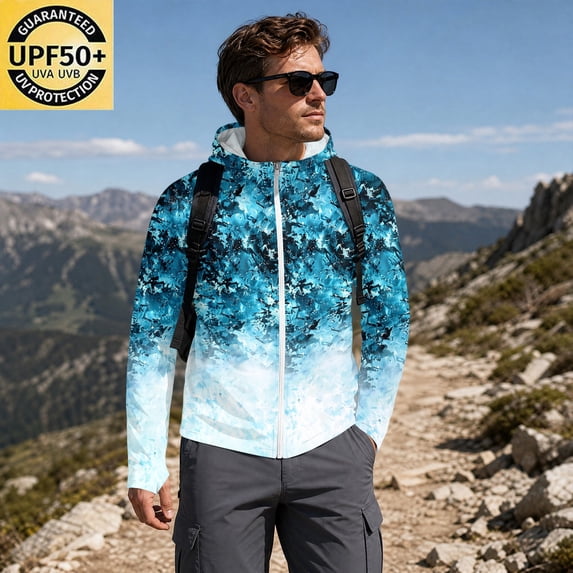 Men's UPF 50+ Sun Protection Lightweight Full Zip Camo Hoodie Jacket Long Sleeve Fishing Hiking Performance Shirt