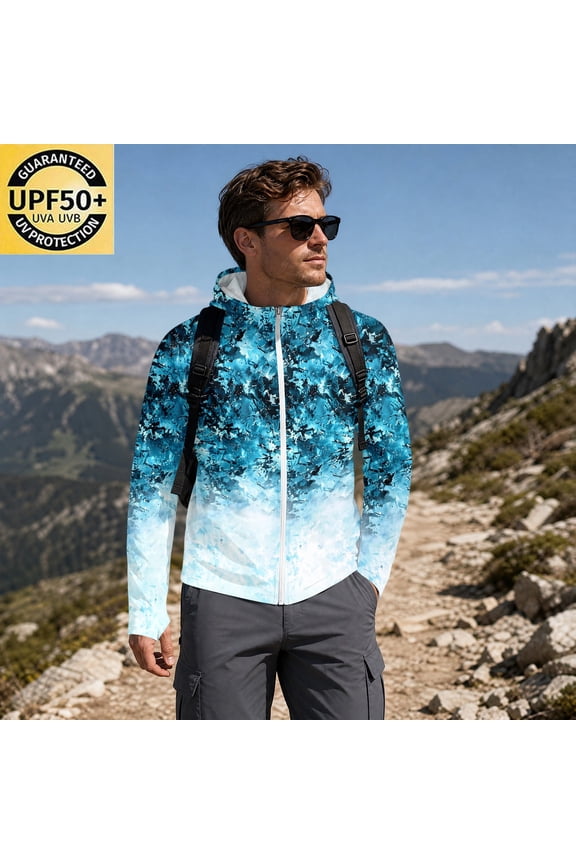 Men's UPF 50+ Sun Protection Lightweight Full Zip Camo Hoodie Jacket Long Sleeve Fishing Hiking Performance Shirt