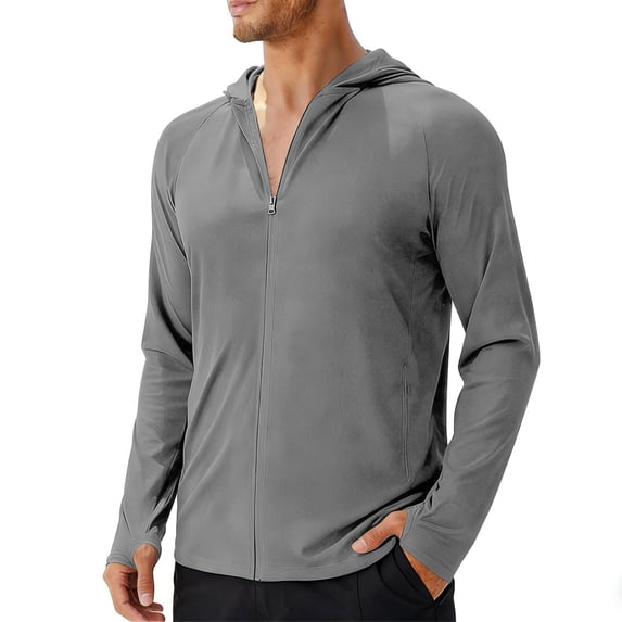 Men's UPF 50+ Sun Protection Lightweight Full Zip Hoodie Jacket Long Sleeve Hiking Performance Shirt (Gray,L)