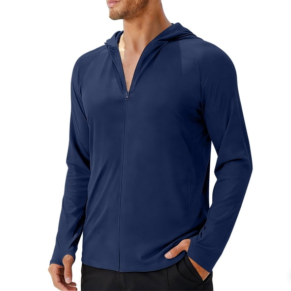 Men's UPF 50+ Sun Protection Lightweight Full Zip Hoodie Jacket Long Sleeve Hiking Performance Shirt (Navy,M)