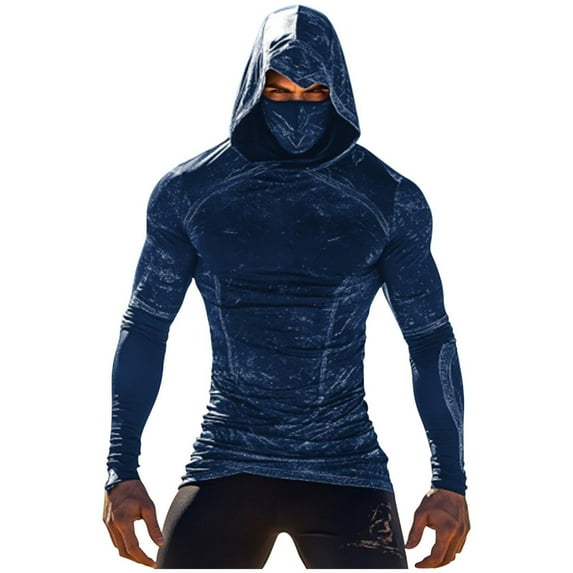 Men's UPF 50+ Sun Shirts Hoodie with Mask Long Sleeve Thermal Compression Sports Base Layer Active Running Top