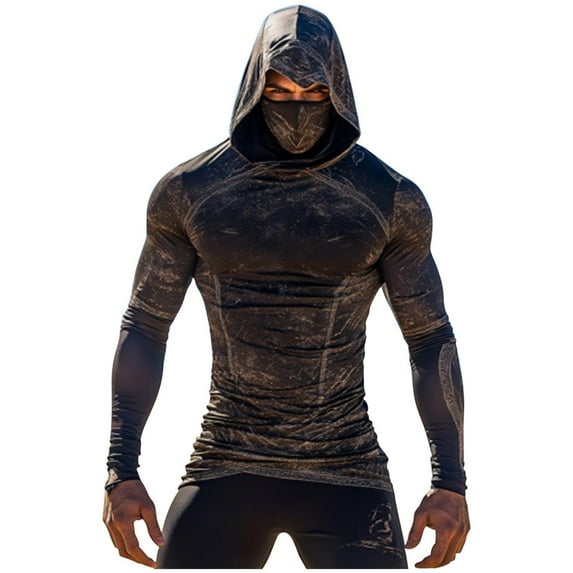 Men's UPF 50+ Sun Shirts Hoodie with Mask Long Sleeve Thermal Compression Sports Base Layer Active Running Top